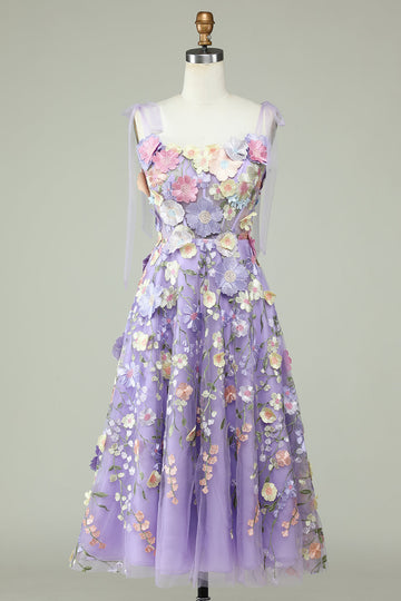A Line Spaghetti Straps Lilla Tea Længde Prom Dress med 3D Blomster